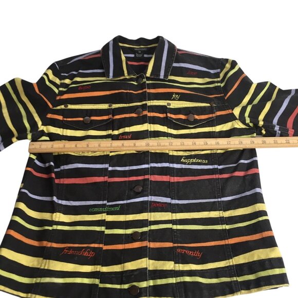 Unique Denim Jacket Womens Medium Black Multicolor Striped Embroidered Happiness - Picture 6 of 16